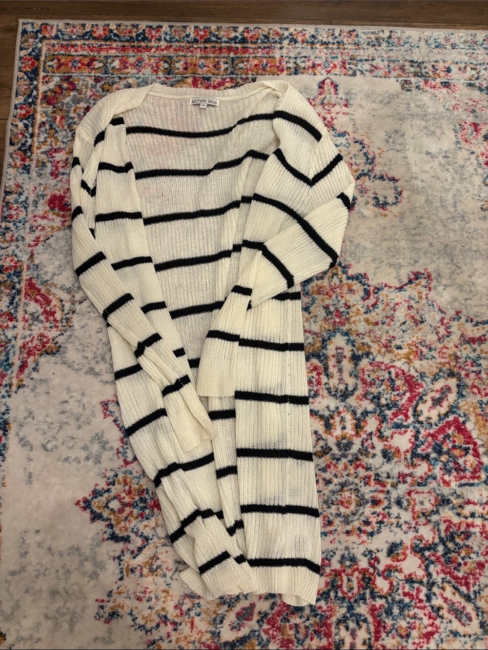 Michelle Mae Striped Open-Front Knit Sweater Cardigan - Ivory/Black